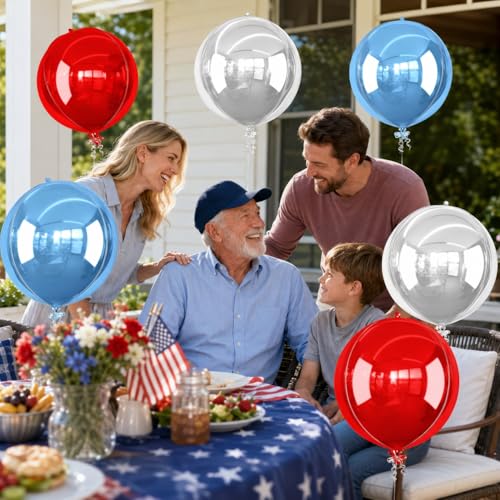 Image of Red Blue Silver Round Foil Balloons Birthday Prom Decor 22 Inch 6 Pcs | Metallic 4D Helium Ball Balloons for Graduation 4th of July, Independence Day USA Patriotic Party Decoration
