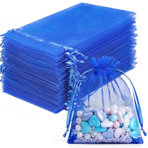 Image of FUNFERY 100Pcs Royal Blue Organza Bags 3x4, Small Mesh Drawstring Gift Bag | Little Jewelry Bags for Wedding Party Favors, Mini Drawstring Pouch for Sachet, Candy, Goodie, Treat Bag for Easter Day