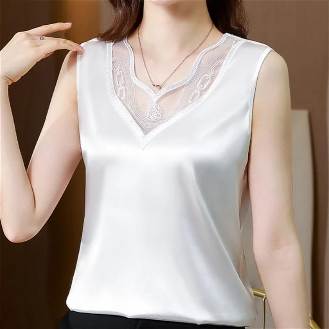 Camicette da donna in seta con pizzo floreale senza maniche allentate top casual