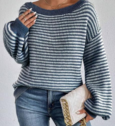 Womens Fashion Off The Shoulder Sweater, Striped Off-The-Shoulder Pullover Sweater, Knit Top Casual Loose Long Sleeve2
