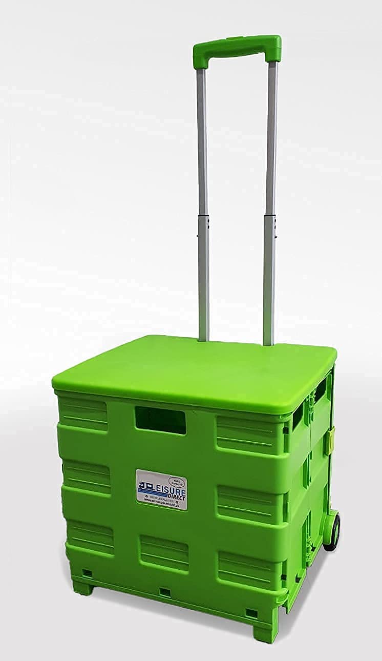 NEW HEAVY DUTY EXTRA LARGE FOLDING FOLDABLE SUPERMARKET GROCERY SHOPPING BOOT TRUNK CAMPING CART CRATE BOX TROLLEY 40KG CAPACITY FOLDS FLAT GREEN + LID