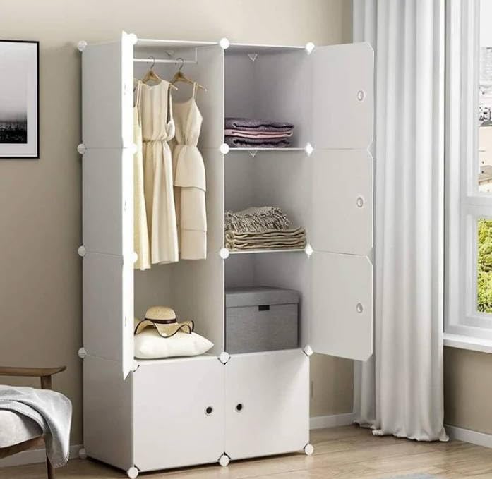 Plastic Wardrobe for Bedroom, 8-Doors Baby Cupboard for Bedroom, Collapsible Wardrobe for Kids, Durable, Portable Almirah Plastic for Baby Clothes/Toys,Fitting for Kids Room, Nursery-White