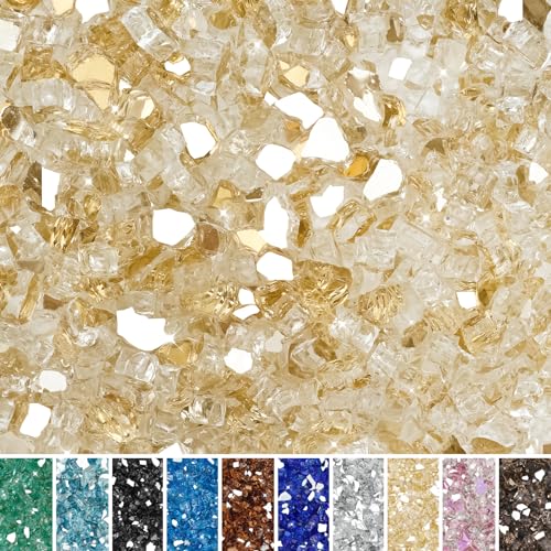 Image of Skyflame Fire Pit Glass Rocks, 15 Pound Gold Reflective Fire Glass for Outdoor Indoor Fire Bowl Fireplace, 1 /2-Inch