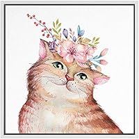 SIGNWIN Framed Canvas Wall Art Nursery Baby Cat Kitten with Pink, Purple, Blue Flowers Animals Wildlife Watercolor Impressionism Modern Portrait Fun for Living Room, Bedroom, Office - 16