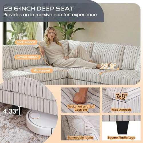 Image of 97 inch L Shaped Couch Corner Sofa, 5 Seater Oversized Cloud Couch with 2 Pillows Modular Sectional Sofa Armrests with Two Hidden Storage Space Sectional Couches for Living Room Blue Stripe