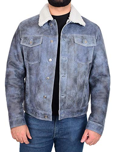 Veste de camionneur homme peau de mouton véritable shearling bleu denim Noah