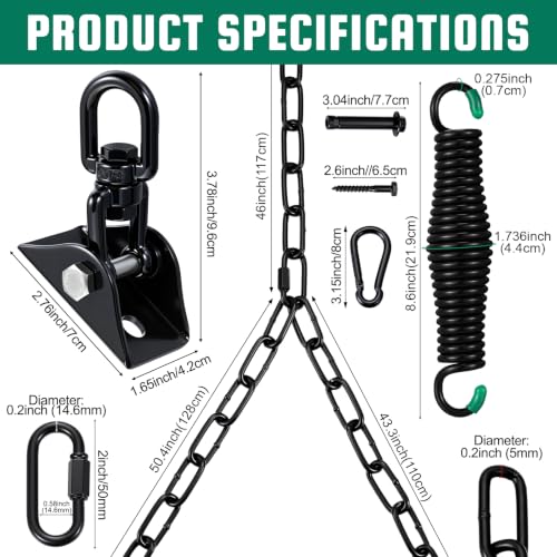 Image of Hicarer Porch Swing Hanging Kit with Springs 8ft Y-Chains Swivel,Black