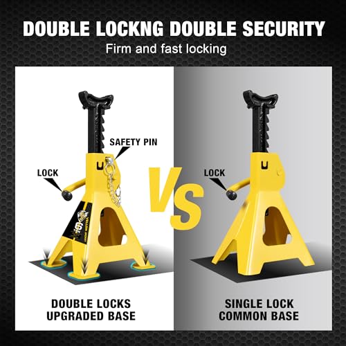 Image of YELLOW JACKET Jack Stands 6 Ton with Double Locking and Large Foot Base for Lifting SUVS, Heavy Duty Steel, 13000 lb Capacity, 1 Pair, Yellow