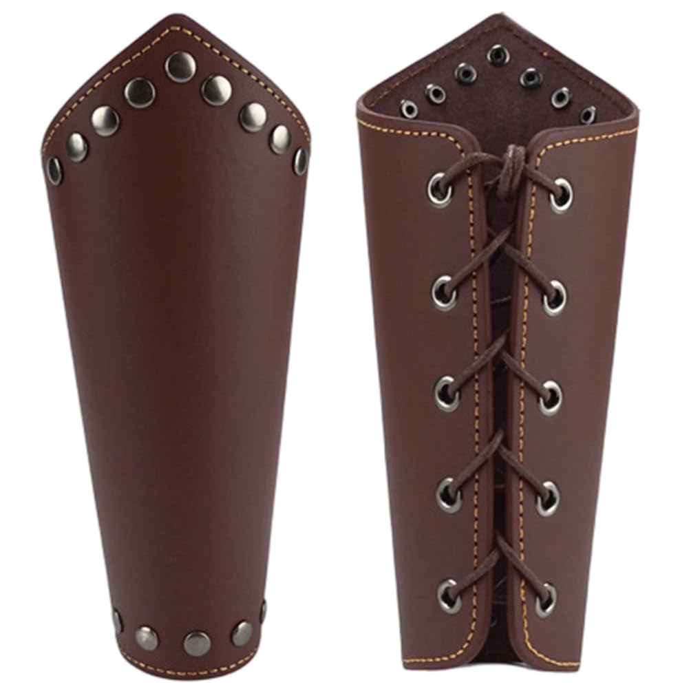 CALFOVERA 2PCS PU Leather Bracers Adjustable Medieval Arm Guards Renaissance Leather Knight Arm Gauntlets Vintage Viking Wrist Bracelets Cuff Wristband for Cosplay Halloween Men Women(Dark Brown)
