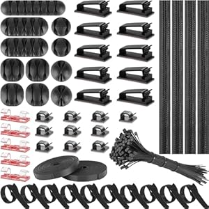 Pasow Cable Management Organizer Kit – 4 Wire Organizer Cable Sleeve with 36 Self Adhesive Cable Clips Holder, 10pcs and 2 Roll Cable Organization Straps, 100 Zip Ties for Computer TV Under Desk