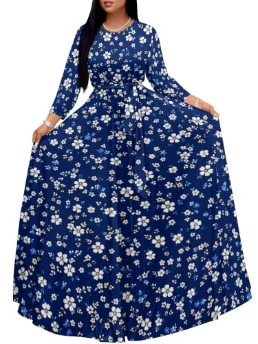 Image of Women Plus Size Long Sleeve V Neck Maxi Dress with Belt | Soft fabric relaxed fit three quarter sleeve v neck with pockets for party and daily wear