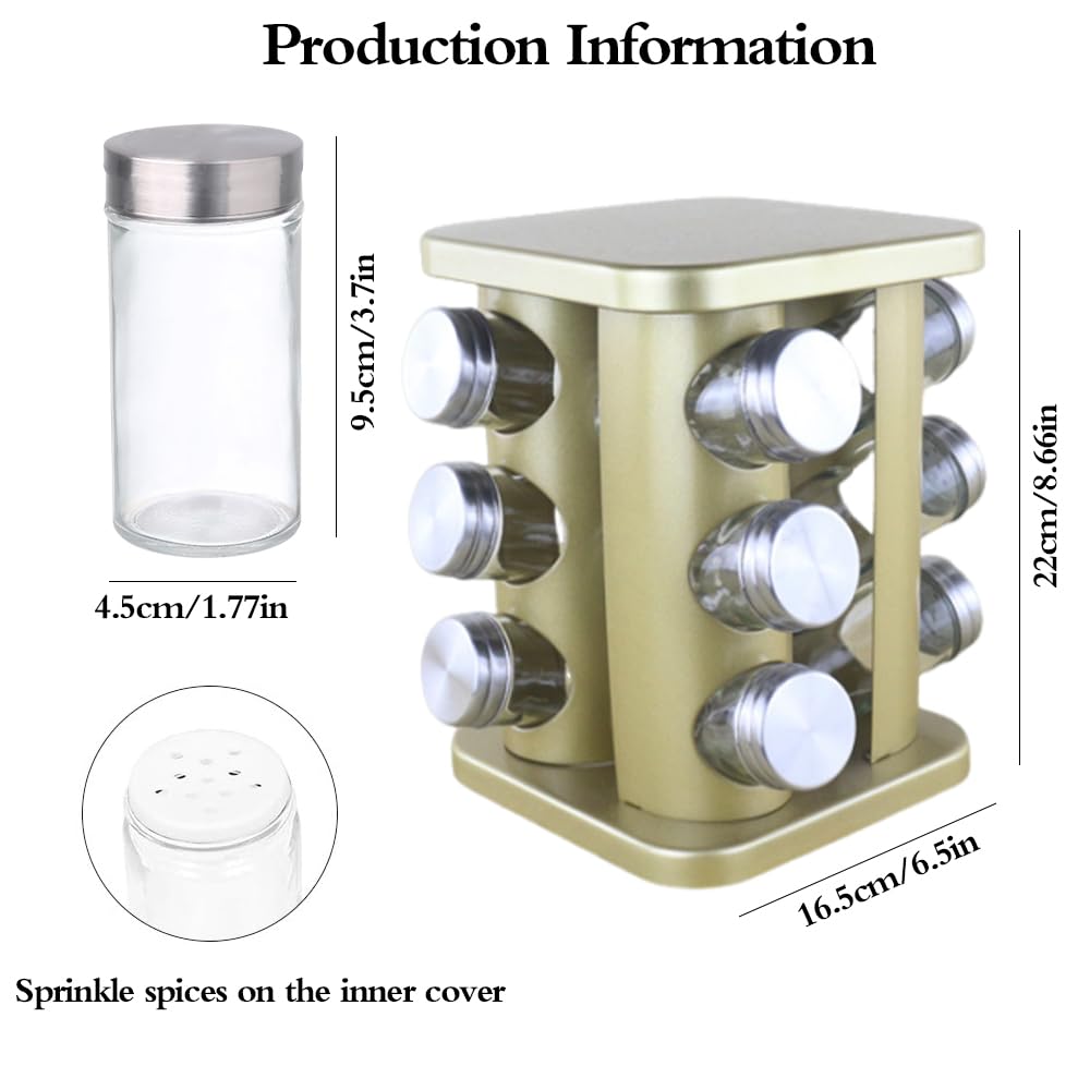 Étagère à épices rotative avec 12 pots, étagère à épices de comptoir avec 12 bouteilles en verre rechargeable pour armoire de cuisine, acier inoxydable, argenté