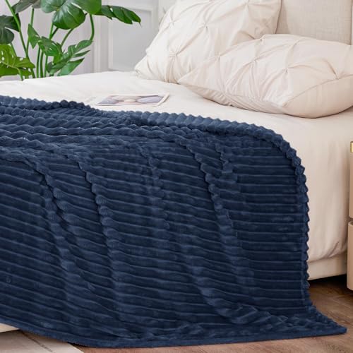 Image of BEDELITE Fleece Blanket King Size - 3D Ribbed Jacquard Soft and Warm Decorative Fuzzy Blankets - Cozy, Fluffy, Plush Lightweight Throw Blankets for Couch, Bed, Sofa(Navy Blue, 108x90 inches)