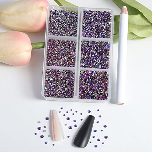 Image of Beadsland 7200pcs Flatback Rhinestones,Purple Rhinestone Nail Gems Round Crystal Rhinestones for Crafts,Mixed 6 Sizes with Wax Pencil Kit, SS3-SS10, Purple Velvet | Glass Nail Gems, Round Crystal, With Wax Pencil Kit, SS3-SS10