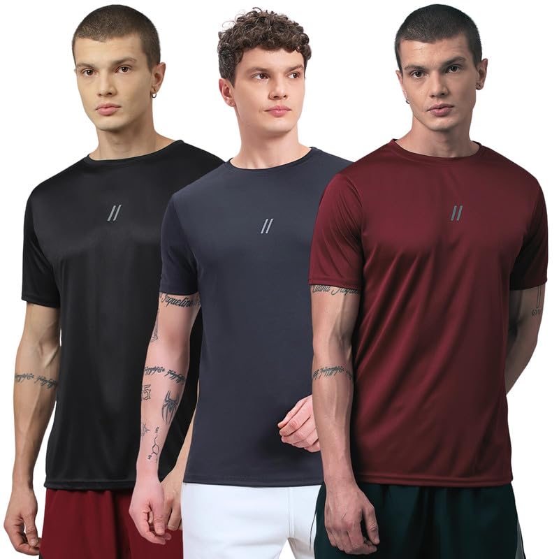 Image of ATICX Slim Fit Polyester Sports T-Shirt for Men - Round Neck Quick Dry Fit Half Sleeve Breathable Stylish Gym & Workout Tee - Lightweight Running Cycling Football Swimming Training Sportswear Top