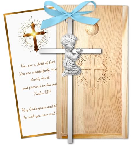 Baptism Gifts for Boys & Girls First Communion Gifts for Kids Christening Baby Shower Party 6in Praying Cross (1pc Silver Boy with Wooden Box)