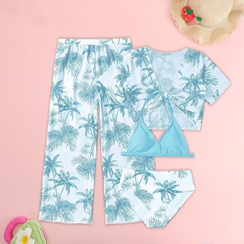 Girls Coconut Tree Print Bikini Top Pants Set 4 Piece Rash Guard Kids Beach Cover Up Tankini Summer Bathing Suit3