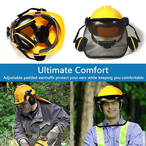 Yellow Forest Head Protection Helmet, Industrial Forestry Safety Helmet With Ear Muffs And Protective Visors, Comfortable Lining And Wire Mesh Mask Heavy Duty Hard Hat Chainsaw Helmet