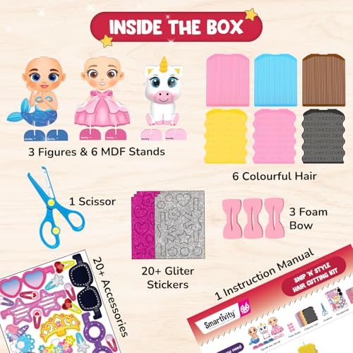 Image of Smartivity Snip 'N' Style Hair Styling Craft Kit for Kids | DIY Scissor Skills & Creativity Activity Set | Includes Princess, Mermaid & Unicorn Figures | STEM Art & Craft Toy for Girls Ages 4-8 Years