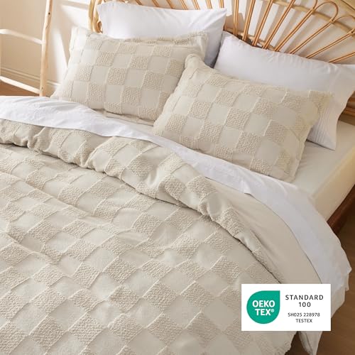 Image of Bedsure Boho Kids Duvet Cover Queen Size(Duvet Insert /Comforter not Included - Checkered Duvet Cover Queenfor All Seasons,Soft Distressed Vintage Boho Bedding (Beige, 90 inch x 90 inch)