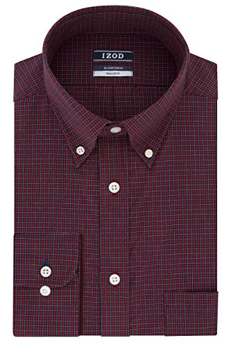 IZOD Men's Dress Shirt Regular Fit Stretch Button Down Collar Check, Deep Red, 15