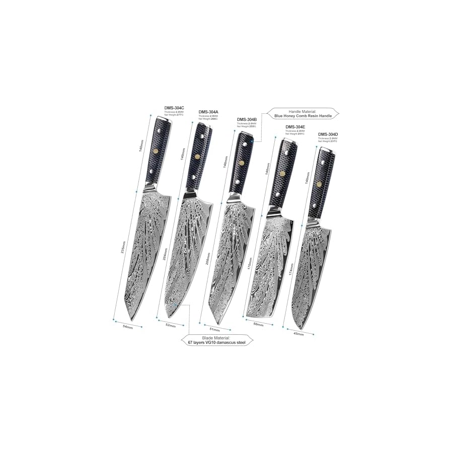 ZILNEHZ Damascus Japanese Knife Set 5 Piece 67 Layers VG10 Damascus Steel Knives Set for Kitchen Accessories Dishwasher Safe Lightweight and Strong Blue Honey Comb Resin Handle