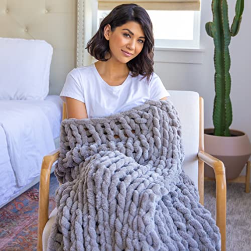 Throwstyle Chunky Knit Blanket, Breathable Throw Blankets, Versatile Chenille Throw Blanket, Blankets For Couch, Bed And More, Handwoven Full Size Blanket, 50 X 60 Inches, Light Grey - Luxesafe #TOP4