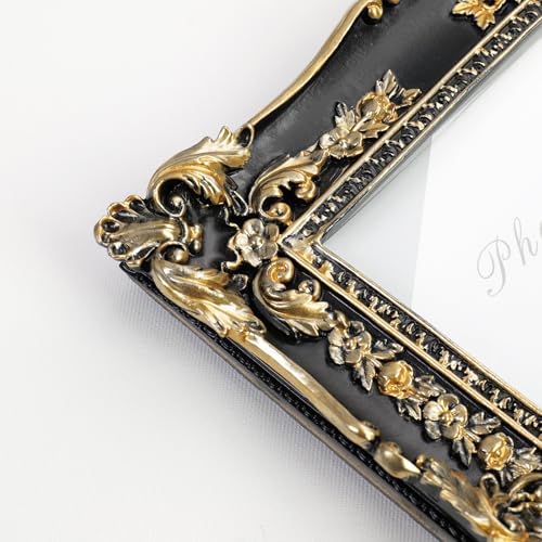 Vintage Black and Gold Picture Frame 5x7, Ornate Baroque Resin Handcrafted Picture Frames with Glass Front, Antique Textured Design Decorative Frame for Tabletop & Wall Display
