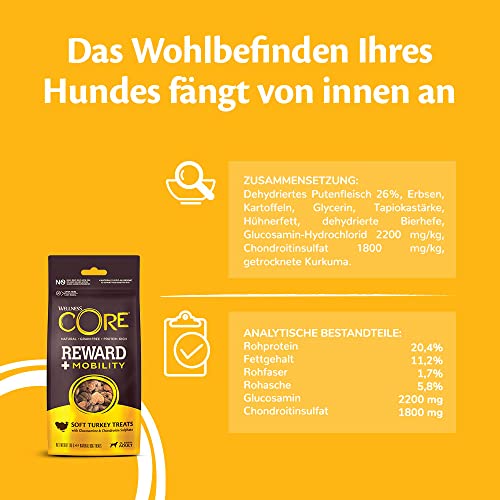 Wellness CORE Reward+ Pute, 170 g, sanfte Hundeleckerli zur Belohnung, ohne Zuckerzusatz, getreidefrei, mit hohem Fleischanteil, fördert die Mobilität deines Hundes