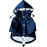 Navy Blue Zip Up Dog Raincoat with Reflective Buttons, Pockets, Rain/Water Resistant, Adjustable Drawstring, Removable Hood - Size XS to XXL Available - Stylish Premium Dog Raincoats by Ellie (M)