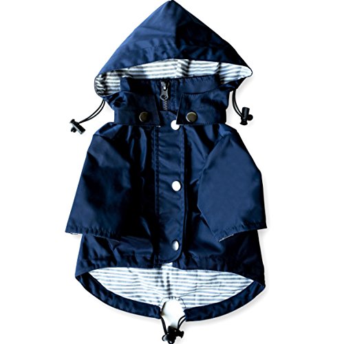 Navy Blue Zip Up Dog Raincoat with Reflective Buttons, Pockets, Rain/Water Resistant, Adjustable Drawstring, & Removable Hood - Size XS to XXL Available - Stylish Premium Dog Raincoats by Ellie (M)