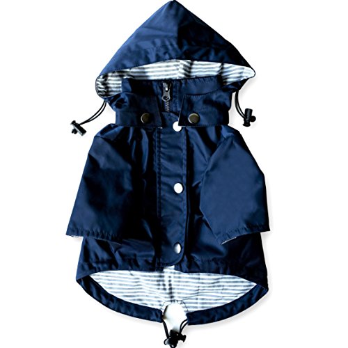 water resistant coat with hood - Navy Blue Zip Up Dog Raincoat with Reflective Buttons, Pockets, Rain/Water Resistant, Adjustable Drawstring, & Removable Hood - Size XS to XXL Available - Stylish Premium Dog Raincoats by Ellie (XL)