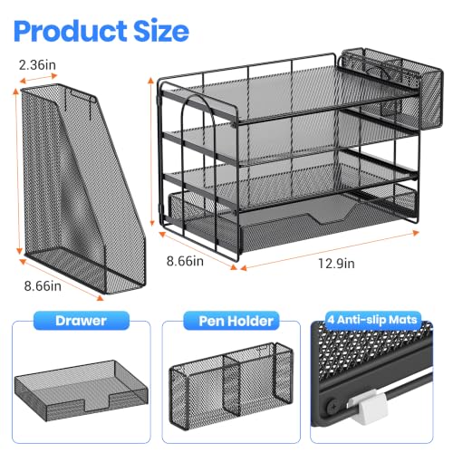 Image of OPNICE Desk Organizers and Accessories, 4-Tier Desktop File Organizer with Drawer and Pen Holders, Office Desk Accessories Workspace Organizers for Office Supplies (Soft Black)