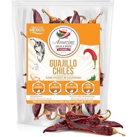 Guajillo Chiles Peppers Dried Whole 4 oz – Natural and Premium. Great For Mexican Recipes Like Mole, Tamales, Salsa, Meats. Mild to Medium Heat, Complex Fruity Flavor. Resealable Bag Cover