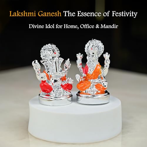 Image of HindCraft Silver Laxmi Ganesh Idol Set Lakshmi Ganesha Murti for Home Temple Pooja, Office, Car Dashboard - Decorative Silver Showpiece for Dhanteras & Housewarming Gifts