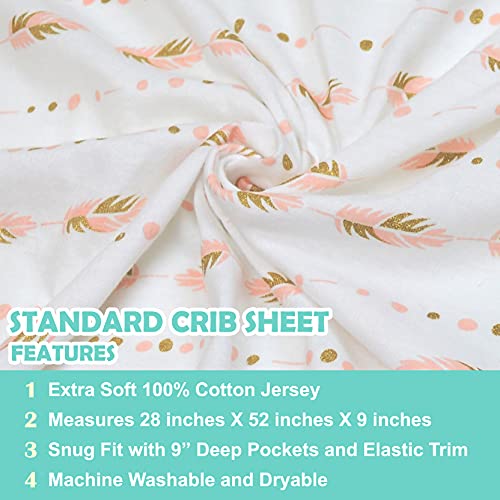 Image of TL Care Cotton Fitted Crib Sheet 52x28 inch, Gold and Pink Feather | 100% Natural Cotton Crib and Toddler Bed Sheets, Soft, Breathable & Hypoallergenic, Gentle on Skin, Neutral for Boys & Girls