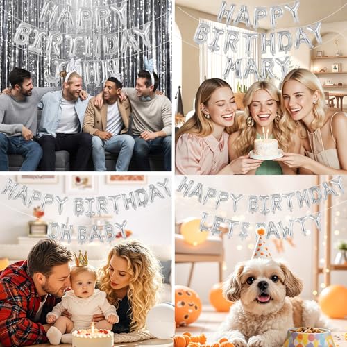 Image of 65 Pcs Silver Happy Birthday Balloons, 2 Sets A-Z Silver Letters Foil Balloons, 16 Inch Personalized Name Happy Birthday Banners for Wedding Baby Shower Anniversary Party Decorations