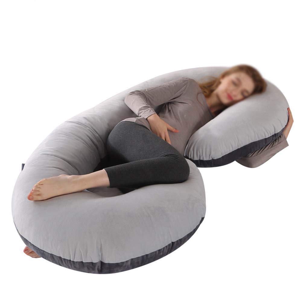 Almohada De Embarazo, Almohada De Lactancia Desenfundable, Apoyo Mejorado En Forma De C para Espalda, Caderas,Piernas,Vientre Mujeres Embarazadas,GrisNegro-Terciopelo,140x70cm