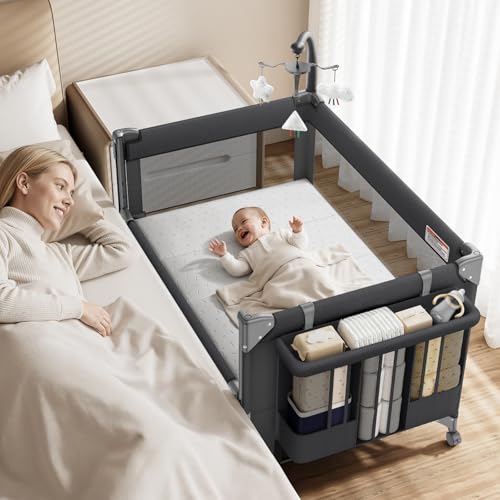 GAIVE 4 in 1 Baby Bassinet, One-Push Setup Pack and Play, Bedside Crib Sleeper with 3 Height Adjustable，Diaper Changer, Come with Comfy Mattress,...