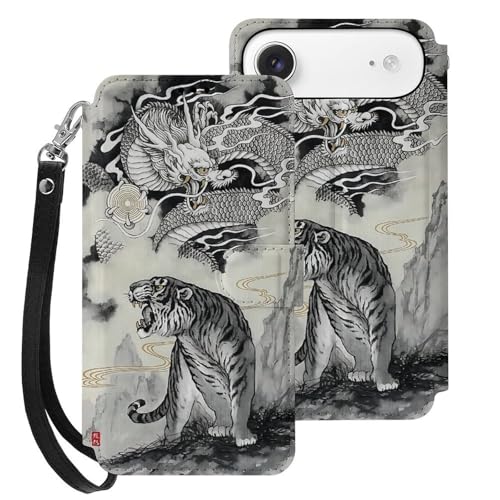 iPhone17 Air用ケース 和風 絵画 水墨画 龍虎 アイフォン17 Air用ケース 手帳型 財布型 PUレザー おしゃれ スマホケース カード収納 スタンド機能 ワイヤレス充電対応 兼用ケース 贈り物