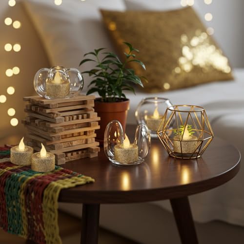 Image of FURORA LIGHTING Champagne Gold Glitter Flameless Tealights - 1.45 inch W x 1.57 inch H, 12-Pack, Batteries Included