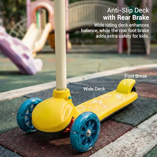 Image of Baybee Rydon Kids Scooter with 3 Height Adjustments | Portable Kick Scooter with PU LED Lights & Rear Brake | 3 Wheel Skating Scooter | Runner Scooter for Kids 2 to 10 Years Boys Girls (Yellow)