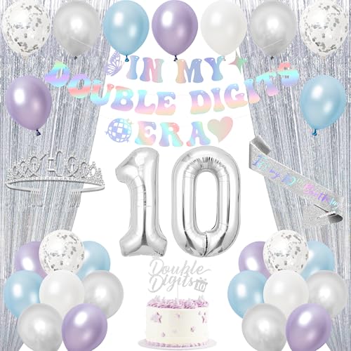 Trgowaul 10th Birthday Decorations for Girls In My Double Digits Era Banner 10th Sash and Crown Double Digits Cake Topper 10 Number Balloon Fringe Curtains Silver 10 Year Old Party Supplies Set
