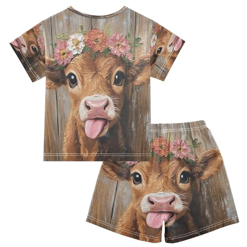 ALAZA Wooden Cow Flower Pajamas Set Short Sleeve Cotton Sleepwear Summer Pjs 2 Piece 5-14Y2
