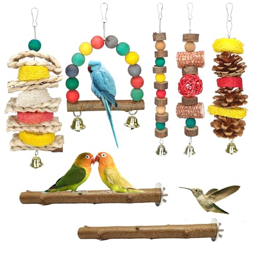 JOREWOOD 7 Pcs Natural Wood Bird Toy & Perch for Parakeets, Cockatiel & Lovebird, Budgie Play Accessory for Small Parrots Indoor Cage - image 8