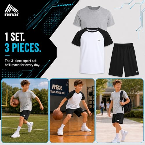 Image of RBX Boys Short Sets - 3 Piece Active Performance Short Sleeve Athletic Shirts and Gym Shorts With Elastic Waistband (4-12)