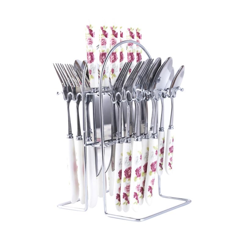 MGeezz Stainless Steel Spoons, Forks & Knives Set of 24 with Stand and Ceramic Handle (Pink Rose)