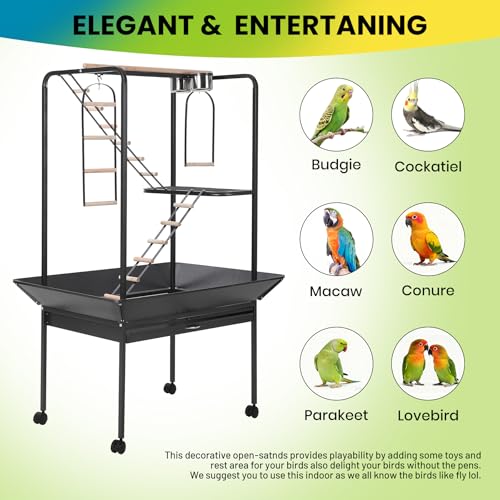 Image of Pet Products Parrot Playstand with Wheels, Bird Cage Stand Activity Play Center with Perches and Ladders, Indoor Outdoor Playground for Birds, Black Hammertone Finish