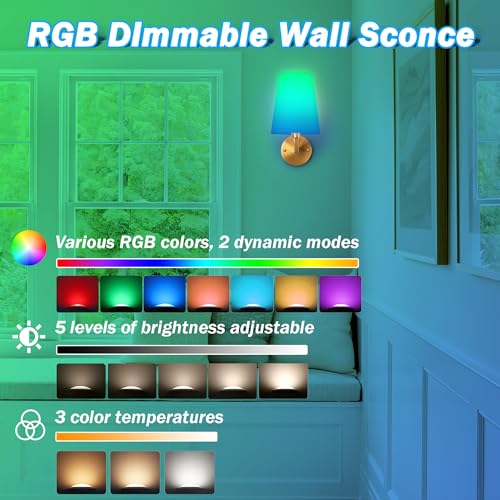 Image of Wall Sconces Battery Operated Set of Two,Wireless Rechargeable Wall Sconce 7 Color RGB USB Up to 50 Hours Use Time,Not Hardwired Battery Operated Wall Lights for Bedroom Living Room, Brass