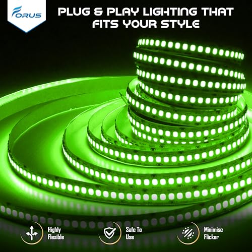 Image of Forus 5 Meter (5M) 10MM Green LED Strip Light, 240 LEDs /M Plug & Play Flexible Lighting for Home Decor, False Ceiling, Pooja Room, Living Room, Kitchen, Mirror, Stairs, 2-Year Warranty